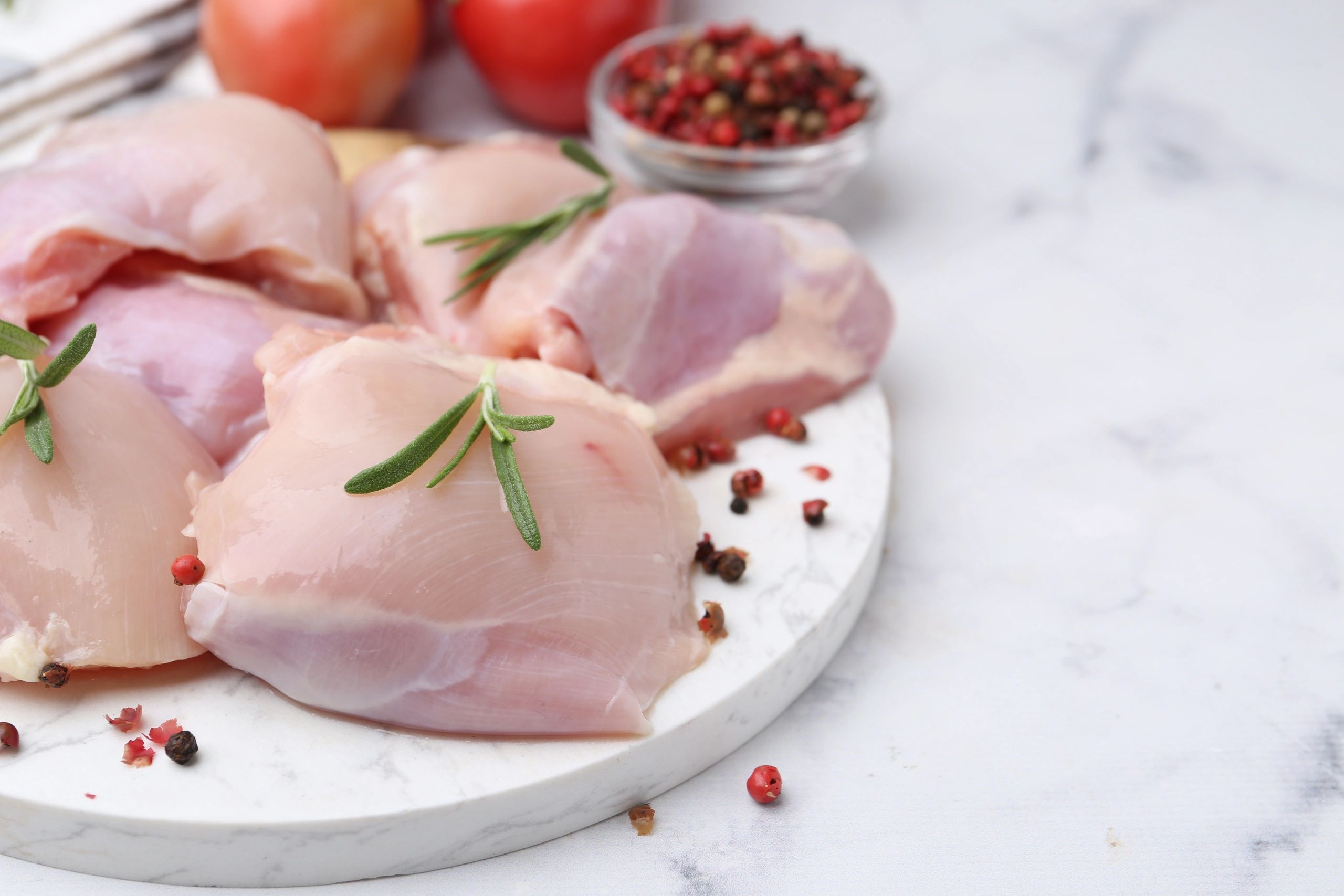 Raw chicken thighs with rosemary and tomatoes on a marble table