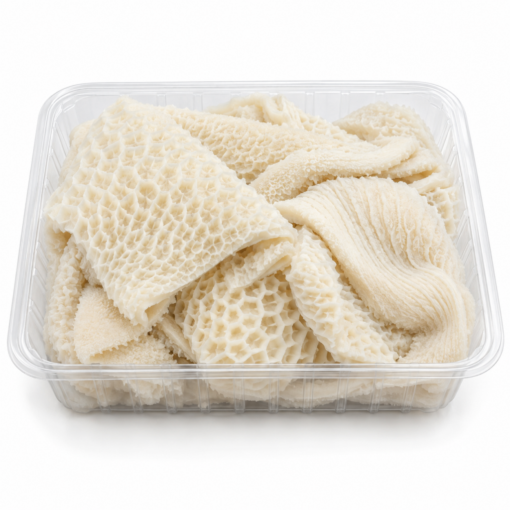 White beef tripe in plastic tray