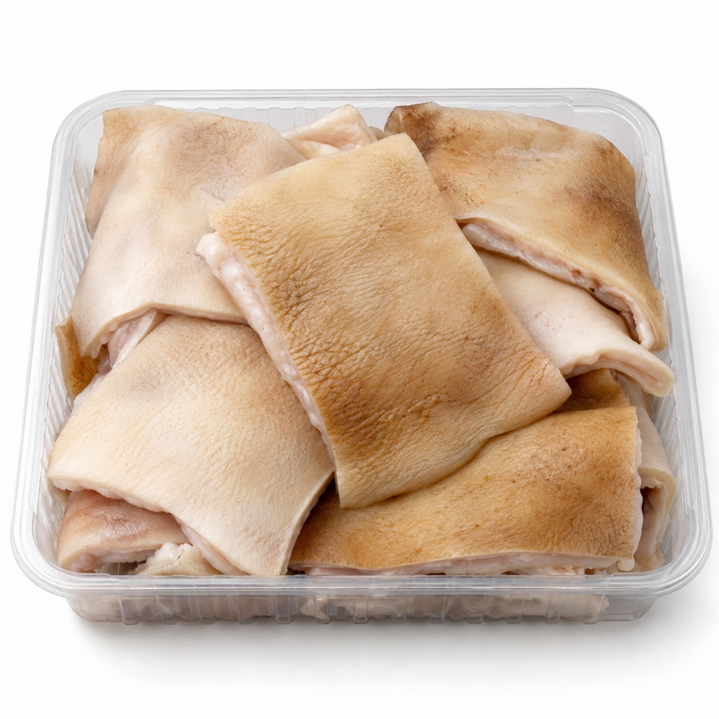 Beef skin pieces in a clear tray