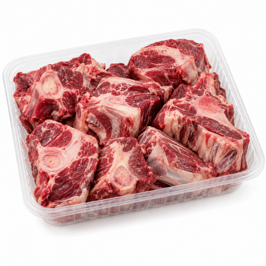 Beef neck cuts in a clear tray
