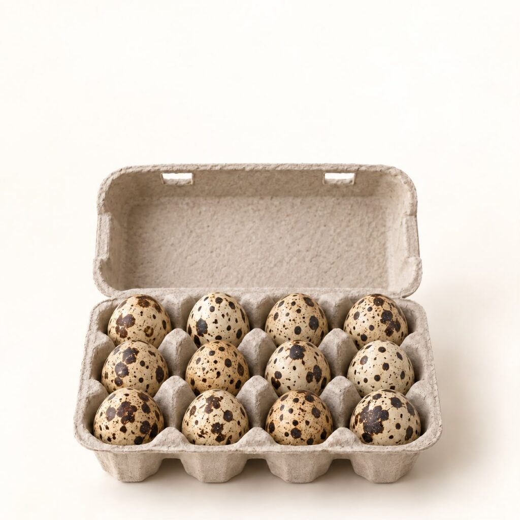 Open carton of speckled quail eggs
