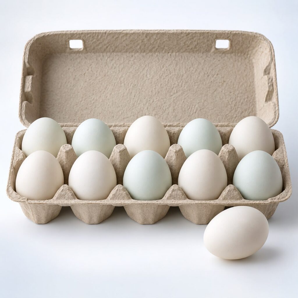 Duck eggs in an open carton