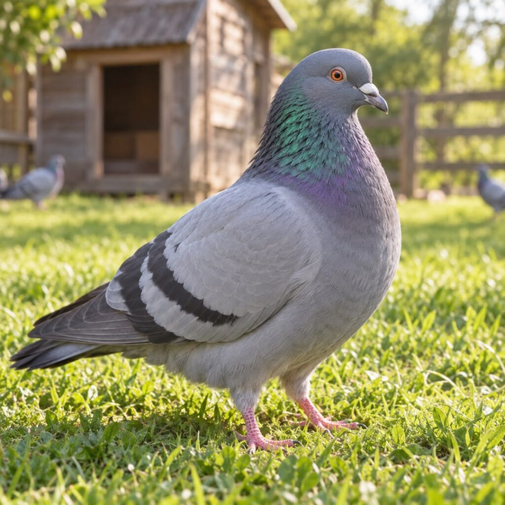 Pigeon standing on grass near a coop