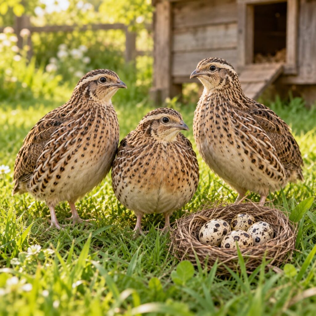 Quail standing in grass beside a nest of speckled quail eggs
