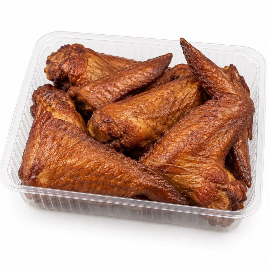 Smoked turkey wings in a clear tray