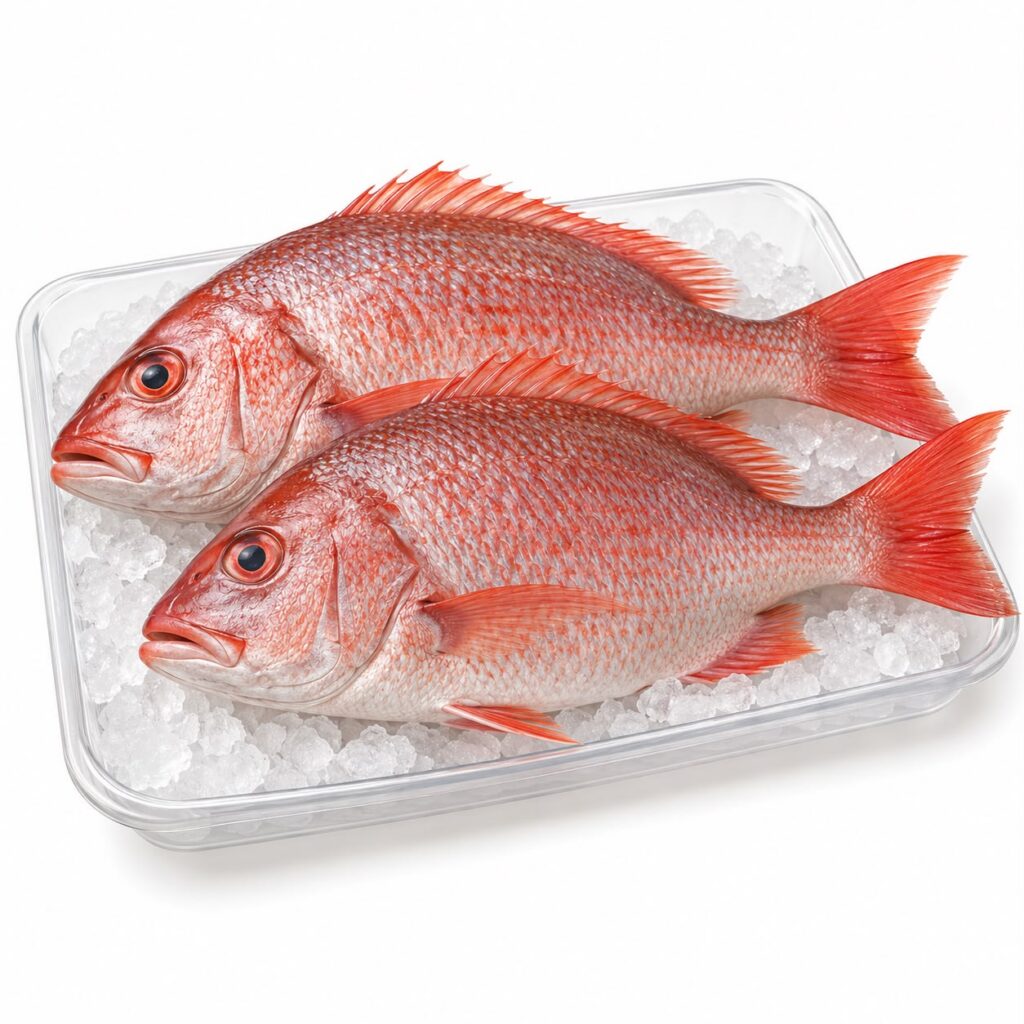 Red snapper product photo in a tray on ice
