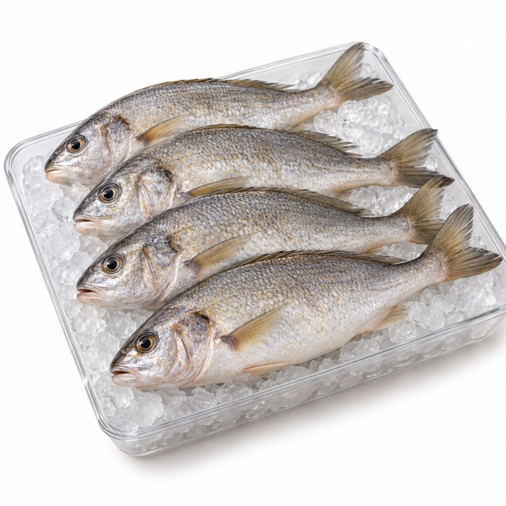 Croaker fish in a tray on crushed ice