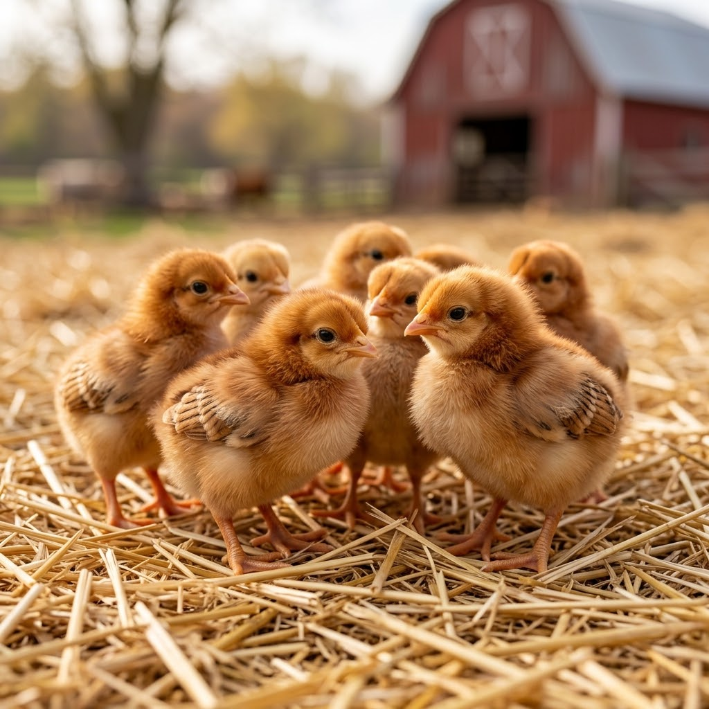 Red Baby chicks standing on straw in front of a red barn