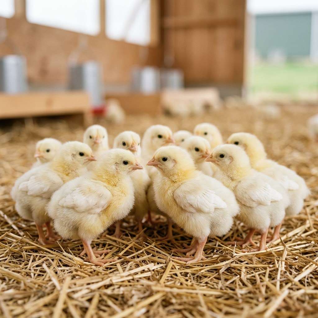 White Baby chicks grouped together on straw inside a coop