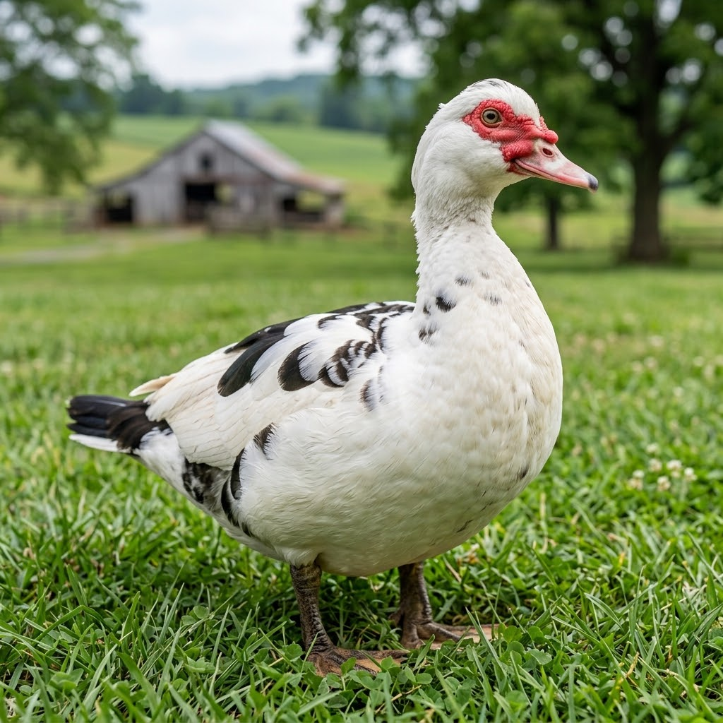 Female Muscovy duck standing on grass in a farmyard